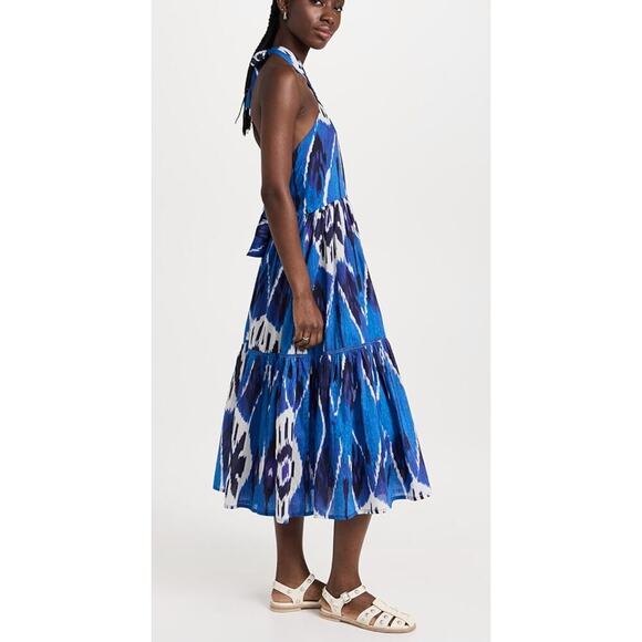 Ro's Garden Henrietta Halter Tie Midi Dress Blue Ikat Cotton Tiered Tuckernuck - Picture 5 of 8